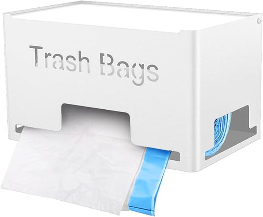 Large Trash Bag Holder Dispenser, Metal Garbage Bag Dispenser Roll Holder, Kitchen Trash Storage Organizer for Under Sink, Wall Mounted or Countertop, White