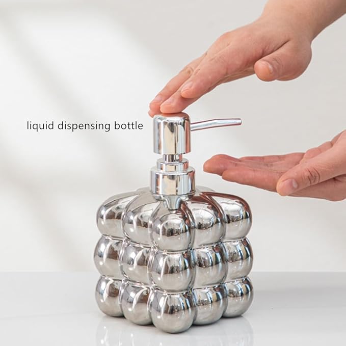 Anding Bathroom Accessory Sets, Includes Lotion Dispenser Toothbrush Holder, Cup and Soap Dish Ceramic Abstract Home Decor Shelf, Silver, (A635 Silver Set)