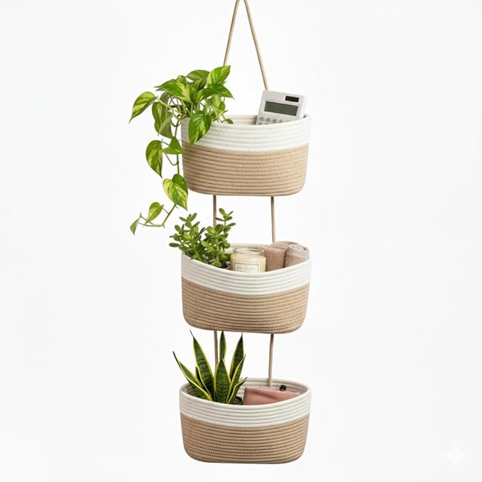 Hanging Wall Basket, Over the Door Hanging Basket with Hooks, 3-Tier Cotton Hanging Basket for Organizing, Decorative Boho Chic Decor for Wall, Bedroom, Living Room, Nursery, Whte & Jute