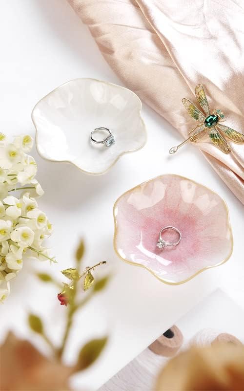 2PCS Lotus Leaf Shape Ring Holder Dish, Small Key Bowl, Ceramic Trinket Tray Jewelry Dish Organizing Necklace Earrings for Mom Friend Sister, All Jewelries Are NOT Included. White +Pink.â¦