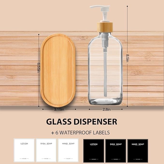 Clear Glass Soap Dispenser with Bamboo Pumps&Tray&Labels, Hand Dispenser, Lotion Dispenser, Dish Soap Dispenser for Kitchen Sink. (Clear)