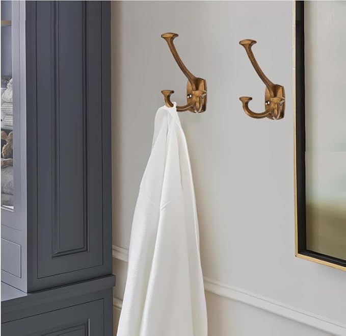 Antique Brass Hooks Large Wall Mounted Decorative Solid Heavy-Duty Double-Sided Coat Hooks for Hanging Towels Coats Robes Towels Bag Bathroom Wall Hooks (5 Pack)