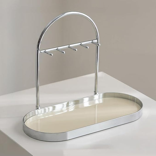Shinpuru Metal Jewelry Organizer Stand & Key Holder Tray with Acrylic Base, Key Stand and Jewelry Tray with 5 Hooks, Perfect Key Bowl, Valet Key Tray, Ring Holder, Jewelry Dish (Silver Creamy)