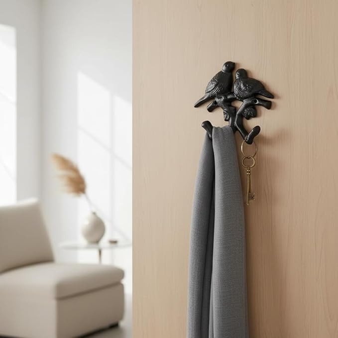 Comfy Hour 5.4" Heavy Duty Cast Iron Bird Wall Hook, Decorative Double Bird Key Holder for Wall, Rustic Animal Coat Rack for Entryway, Bathroom & Mudroom, Vintage Home Decor, Black, 1 pc
