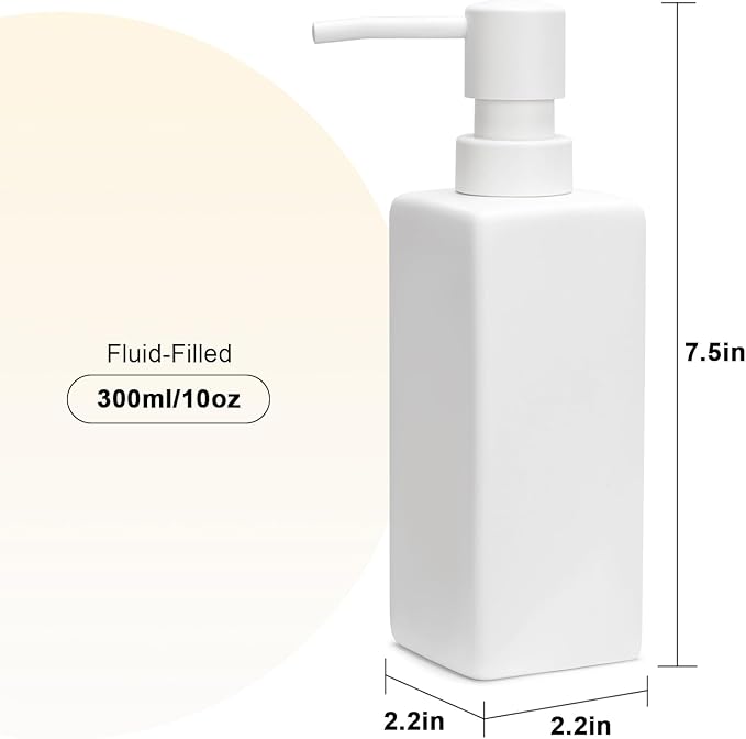Ceramic White Soap Dispenser with Rust-Proof Plastic Pump for Bathroom 10oz Liquid Hand Soap Dispenser for Kitchen