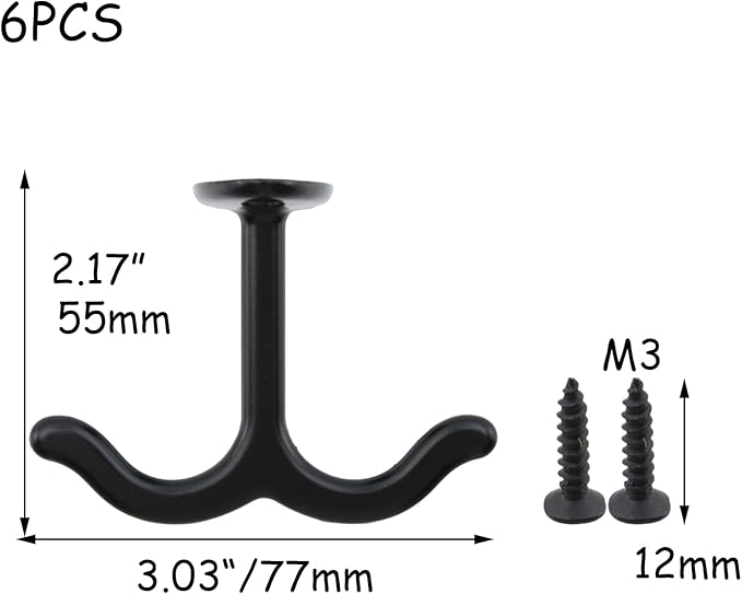 HEVSTIL 6Pcs Zinc Alloy Ceiling Double Hook Cabinet Under The Table Coat Hook Wardrobe Coat Towel Hat Hook Under Cabinet Shelf for Closet Top Bathroom Kitchen Cabinet Garage, Black