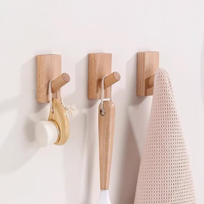HomeDo 10Pack Adhesive Wall Hooks Hat Rack, Wooden Coat Hooks Wall Mounted, Decorative Hooks Single Organizer Hat Hanger Towel Rack, Heavy Duty Hooks (Rectangle-Beech,10P)