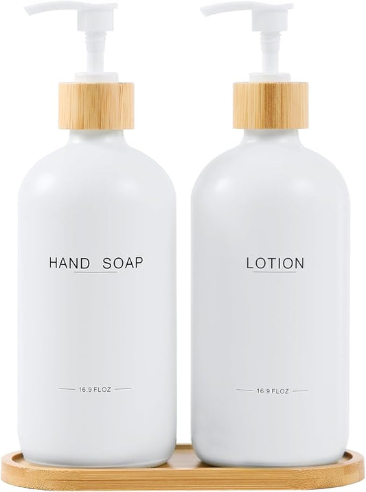 Bathroom Soap Dispenser Set, Bamboo Pumps & Tray, Lotion Dispenser, and Hand Soap Dispenser Bathroom Counter Decor. (White)