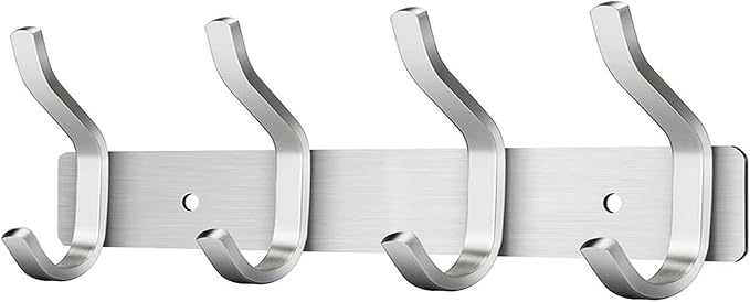 12 Inch Wall Hooks, 304 Stainless Steel Coat Hanger Wall Mount with 4 Hooks, Silver Coat Hooks for Hanging Backpack,Bag, Purse,Clothes,Towel | Entryway & Bathroom Storage Organization Hanger