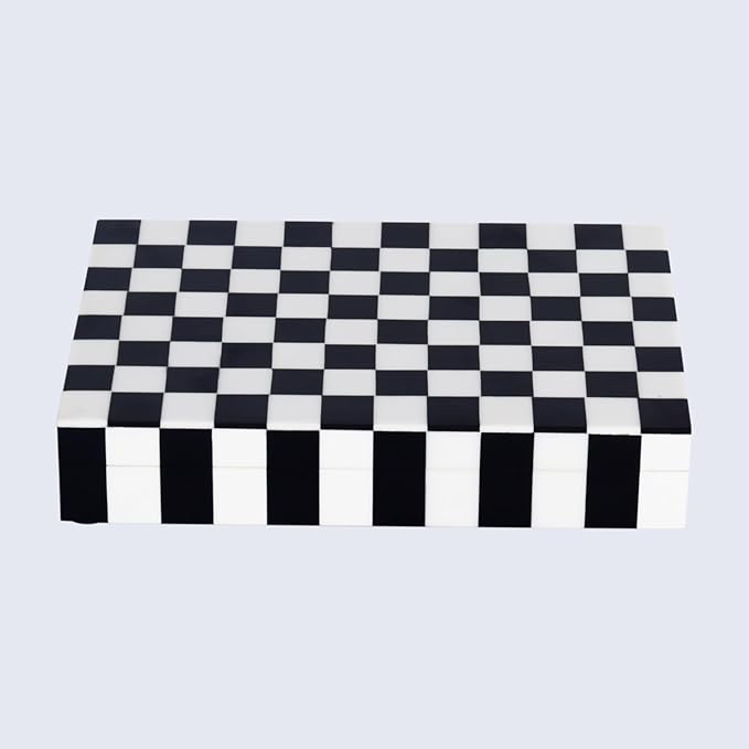 Handicrafts Home Decorative Storage Box with Lid – Black and White Decorative Box for Remote Controls, Slim Coffee Table Storage Box for Shelf, Desk & Living Room Decor – Puzzle Check 8 x 6 x 1.5