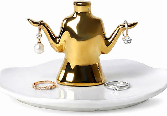 Gold Jewelry Holder with Tray â Ceramic Ring Dish, Earring Stand, Necklace & Bracelet Organizer â Decorative Trinket Dish Jewelry Organizer for Vanity, Dresser, or Nightstand