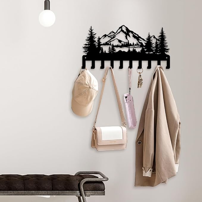 Metal Coat Racks with 10 Hooks Key Hooks for Wall Coat Rack Wall Mount Wall Art Decor Wall Mounted Key Holder for Kitchen, Entryway, Hallway, Bedroom, Doorway, Office (Mountain)