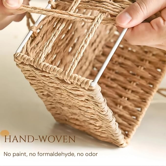Wicker Baskets with Liner for Counter, Natural Paper Rope Rattan Storage Basket,Hand Woven Pantry Table Organizer Bins for Bedroom Living Room School Shelves Office Desk (3 Pack Beige)