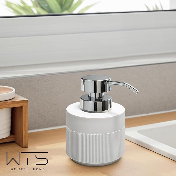 Resin Soap Dispenser for Bathroom, Hand Lotion Liquid Dispenser Easy-to-Press with Reusable Plastic Pump for Shampoo Bathroom Kitchen Countertop Anti-Slip Rust-Proof 12.5 oz White