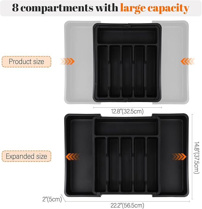 S&F Homes Expandable Cutlery drawer organizer, utensil drawer organizer, flatware and silverware holder, organization and storage tray for kitchen decor, BPA-Free. (Black)