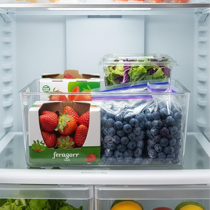Clear Plastic Storage Bins, 4 Pack Pantry Organizer Bins with Handle for Kitchen, Office, Closet, Cabinet, Laundry Room, Freezer, Bathroom & Home Organization