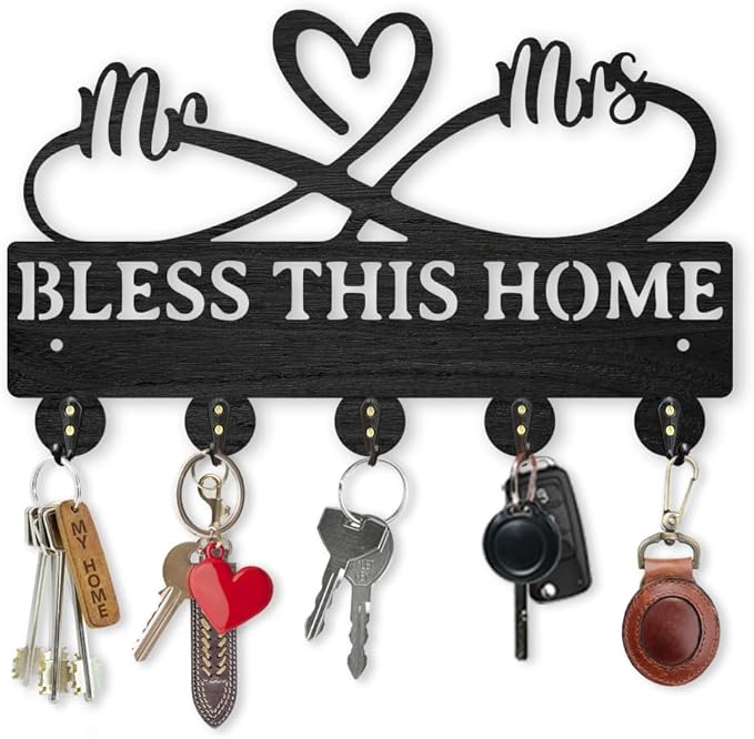 MAYJOYDIY Mr Mrs Coat Rack Wall Mount 11.8×7.3inch Wood Family Key Holder for Wall Bless This Home Love Heart Key Hanger 5 Alloy Hooks Wall Key Hooks Rack Art Decor Gift for Living Room Door Hallway