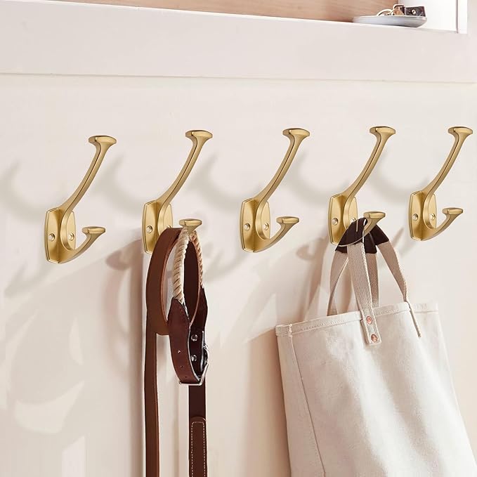 10 Pack Brushed Gold Hooks Decorative Heavy Duty Solid Large Coat Hooks for Towel Hanging Coats Robe Wall Mounted Towel Bags Door Back Bathroom Wall Hook.