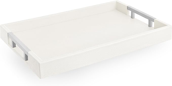 Modern Elegant 17.5"x12" White Rectangle Shagreen Faux Leather Decorative Tray Ottoman Coffee Table Perfume Living Room Kitchen Serving Tray with Silver Metal Handles for All Occasion's