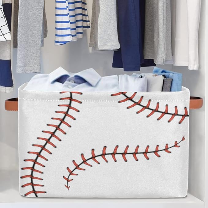 AUUXVA Storage Basket Baseball Stitches Storage Cube Box Sport Baseball Basket Softball Canvas Collapsible Toy Storage Bin Shelf Kids Gift Basket with Handles, 1Pc