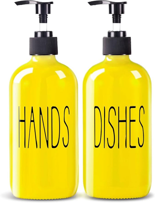 Glass Soap Dispenser Set 2 Pack,16 Oz Dish Soap Dispenser for Kitchen Sink,Lemon Kitchen Decor and Accessories,Yellow Decorations and Kitchen Utensils for Kitchen