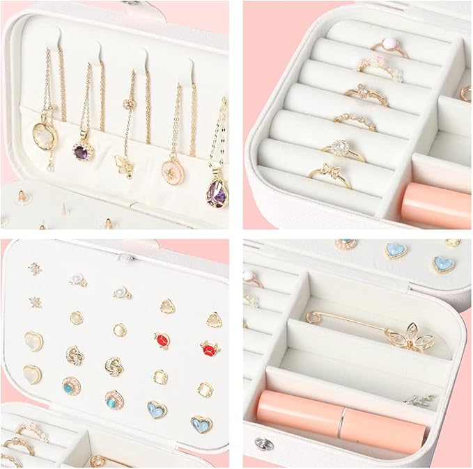 Travel Jewelry Box, Small Jewelry Organizer Boxes for Women Girls, 2 Layer Travel Jewlery Case, PU Leather Mini Portable Jewerly Storage Display Holder for Earrings, Ring, Necklaces, Bracelets - White