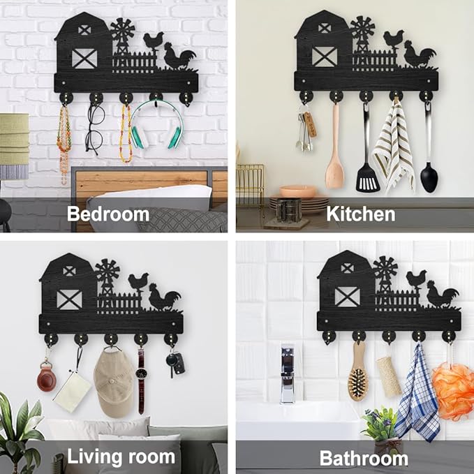 MAYJOYDIY Farm Rooster Hen Wall Mounted Coat Rack Farmhouse Windmill Wood Key Hooks for Wall 11.8×7.9inch Black Key Holder Hanger Wall Art Decor with 5 Alloy Hooks for Gift Hallway Entryway Kitchen