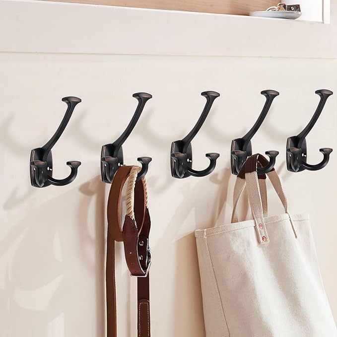 Large Wall Double-Sided Hook 5 Pack Oil Rubbed Bronze Hook Decorative Heavy Duty Solid Large Coat Hooks for Towel Hanging Coats Robe Towel Bags Door Back 2 Prong Hooks