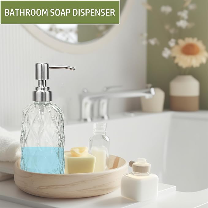 12Oz Clear Glass Soap Dispenser with Stainless Steel Pump, Diamond Design Refillable Kitchen Liquid Hand Soap Dispenser, for Dispense Hand soap, Dish Soap, Lotion, Bathroom, Countertop, Hotel