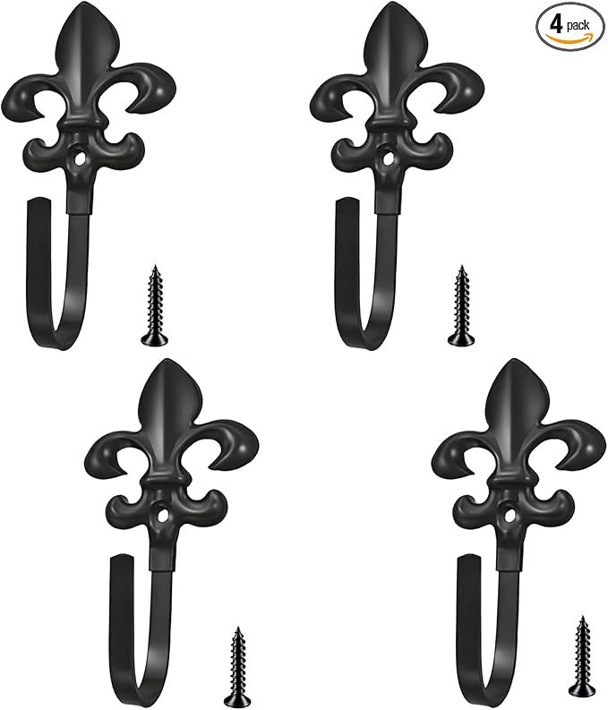 Decorative Wall Hooks for Hanging Things, Vintage Fleur De Lis Metal Coat Hooks, Heavy Duty Black Rustic Hooks for Key, Jewelry, Curtain Tie Backs, Towel, Hat, Small Decorative Hardware 4 Pack