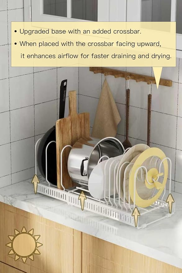 Pot and Pan Organizer for Cabinet & Drawer, Expandable Pan and Lid Rack with Handle Support Bar, Adjustable Cookware Storage for Pots, Lids, Bakeware