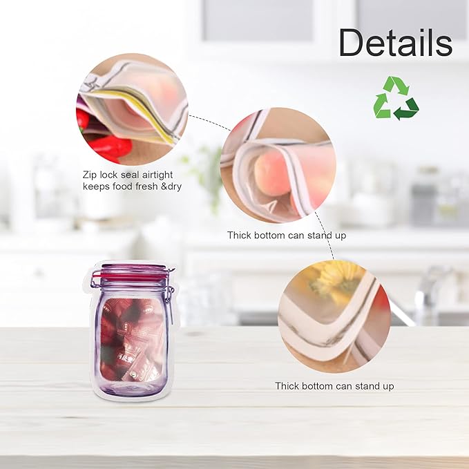Enkrio 18Pcs Mason Jar Zipper Bags Resuable Snack Bags Portable Food Storage Snack Zipper Bags for Kitchen Travel Camping Picnic Organizer (18M)