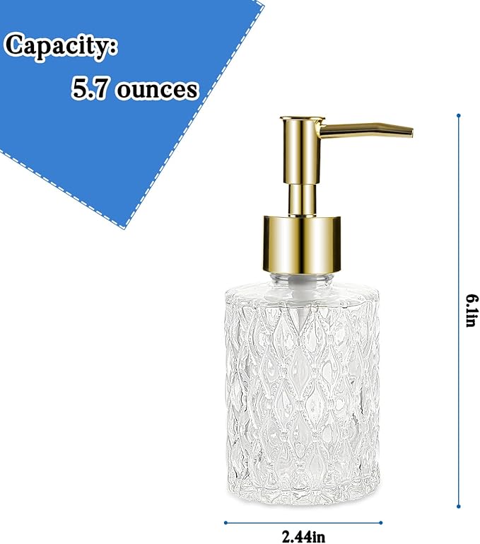 Multipurpose Soap Dispenser Easy to Clean Glass Soap Pump Dispenser Ideal for Bath and Bathroom (2PCS Gold)