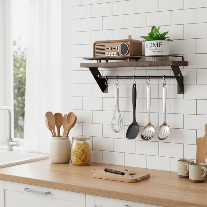 Coat Rack Wall Mount with Shelf - Natural Walnut Wall Shelf with Hooks, Entryway Floating Shelves with 5 Hooks and Metal Frame for Bags, Hats, Kitchen, Living Room, Bedroom