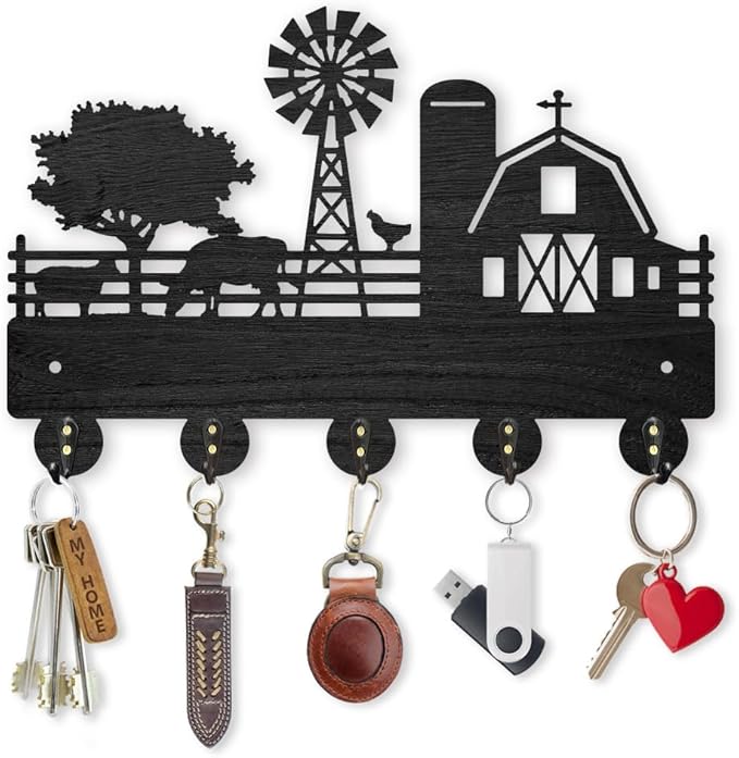 MAYJOYDIY Farm Cow Sheep Coat Rack Wall Mounted Wood Farmhouse Animal Key Hanger Wall Art Decor 11.8×7.9inch 5 Alloy Hooks Black Key Rack Organizer for Gift Entryway Hallway Kitchen Room