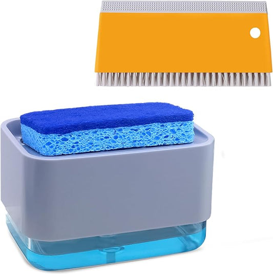 Dish Soap Dispenser with Sponge Holder for Kitchen Sink, 2 in 1 Kitchen Soap Dispenser with Water Scraper, 2 Pack Scratch Dish Sponges for Kitchen Countertop, Sink, Bathroom, Cleaning Gadgets