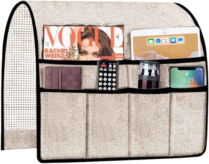 Sofa Armrest Organizer Couch Storage, TV Remote Holder for Armchair with 6 Pockets Hanging Remote Control Holder, Thick Armchair Caddy Magazine, Books, Cell Phone, iPad, 19 x 35 Inches, Beige