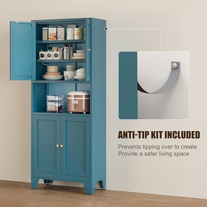 69" Tall Metal Pantry Cabinet with Microwave Shelf,Microwave Storage Cabinet with 4 Doors & 3 Adjustable Shelves,Metal Cabinet with Storage for Kitchen Dining Room Living Room(1PC,Blue)