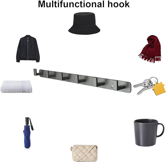 Coat Rack, Heavy Duty Stainless Steel 6 Tri Coat Hook Hanger, Wall Mounted Storage Wall Hooks, Rustic Clothes Hook/Key Hook Rail for Bathroom Kitchen Entryway(6 Hook Grey)