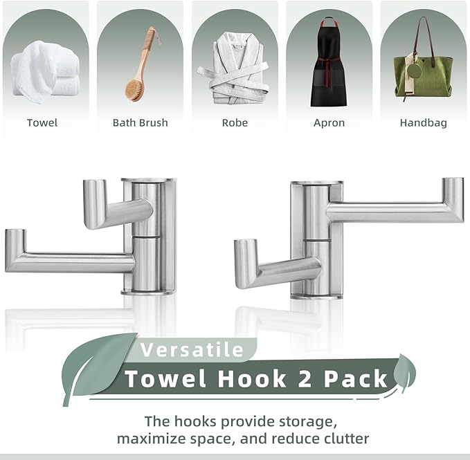 Brushed Nickel 2 Pack Swivel Coat Hooks, 304 Stainless Steel Foldable Towel Hooks with 2 Rotating Arms, Wall Mounted