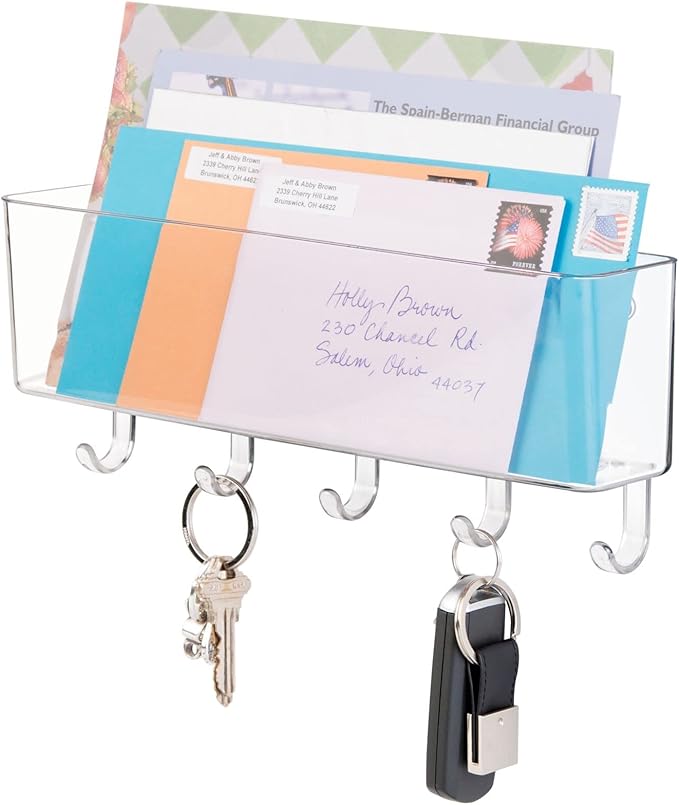 mDesign Plastic Wall Mount Mail and Key Holder with 5 Hooks, Hanger Rack Shelf for Home Entryway, Mudroom, Kitchen, Hold Letters, Cards, Magazines, Coats, Umbrellas, Ligne Collection - Clear