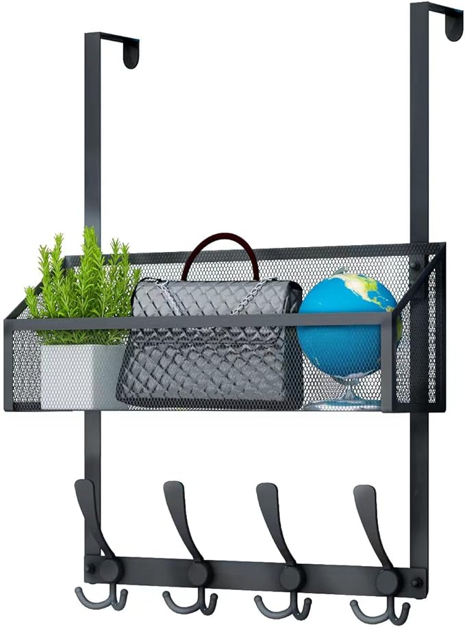 Over The Door Hooks Organizer, Coat Rack Over The Door Storage Hanger Towel Rack, Back of Door Storage Organizer for Bathroom,Bedroom,Kitchen,Office (Black, 2-Tier)