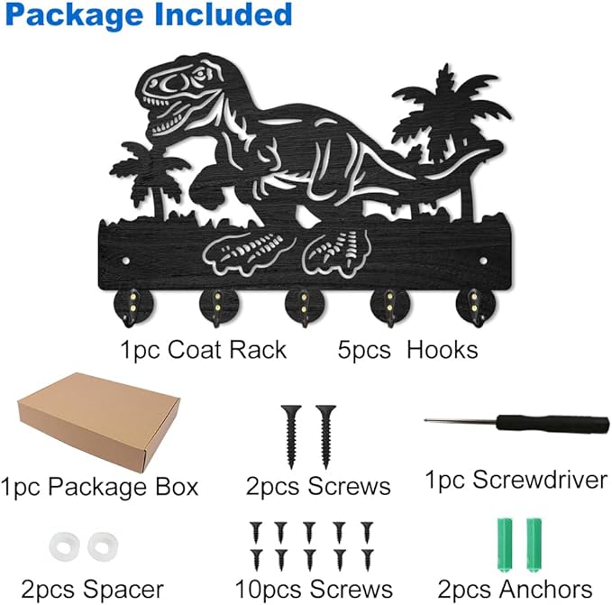 MAYJOYDIY Wood Dinosaur Coconut Tree Coat Rack Ancient Animal Key Holder for Wall 11.8×7.9inch Decorative Tropical Palm Tree Key Hooks 5 Alloy Hooks for Gift, Entryway, Front Door, Hallway, Office