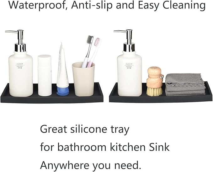 DNC Bathroom Vanity Tray for Counter, 2PC (7.9" +11.8") Silicone Kitchen Sink Soap Tray for Countertop Dish Holder Dispenser Toilet Tank Desk Organizer Black