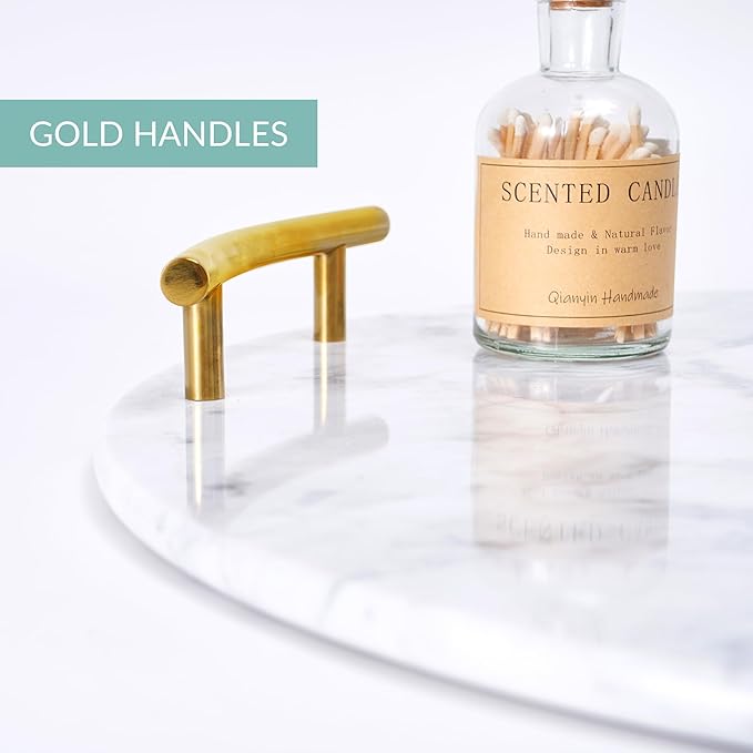 White Marble Tray with Gold Handles - Elegant Solid Marble - Chic Modern Elegant Round Vanity Tray for Bathroom