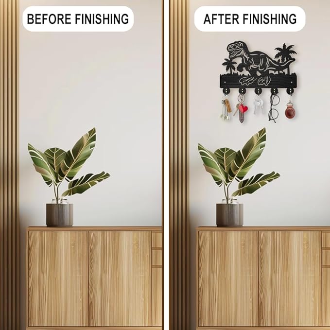 MAYJOYDIY Wood Dinosaur Coconut Tree Coat Rack Ancient Animal Key Holder for Wall 11.8×7.9inch Decorative Tropical Palm Tree Key Hooks 5 Alloy Hooks for Gift, Entryway, Front Door, Hallway, Office