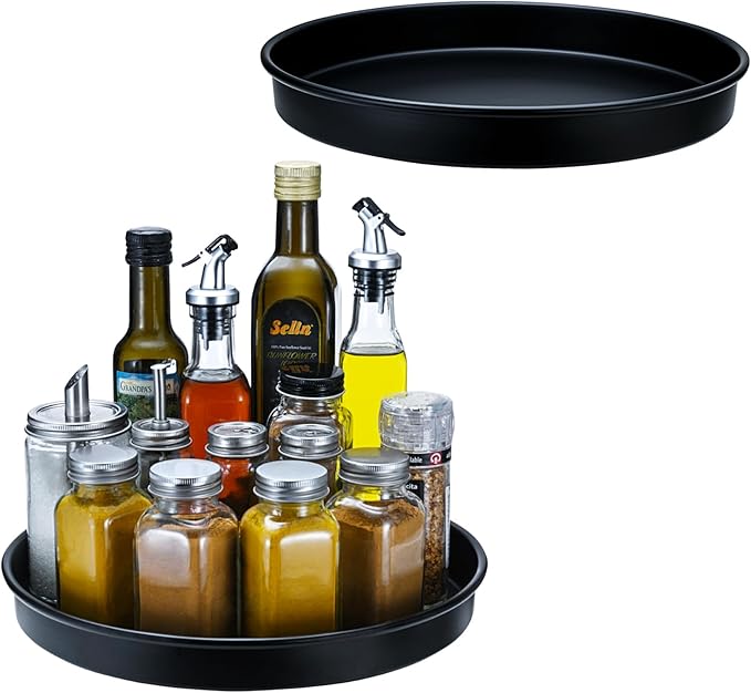 Amolliar Lazy Susan Turntable Organizer, Rotating Metal Spice Rack for Cabinet, Kitchen, Fridge, Pantry Storage, Condiment Organizer, Tray for Household Purpose, Under Sink Organizer, 10" 2 Pack Black