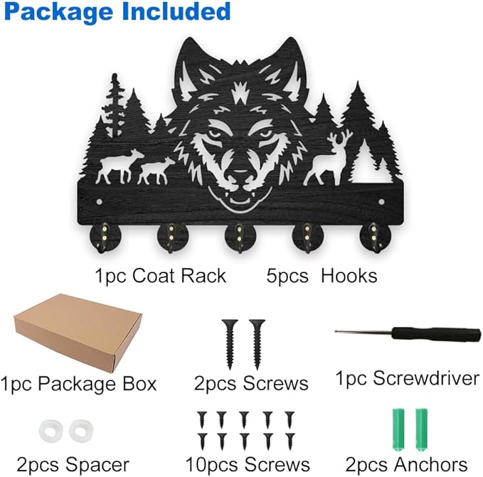 MAYJOYDIY Wooden Wolf Deer Coat Hooks Wall Mount Forest Animal Tree Key Holder Organizer 11.8×7.9inch Decorative Wildlife Wall Hooks for Hanging 5 Alloy Hooks Entryway Kitchen Office Gift