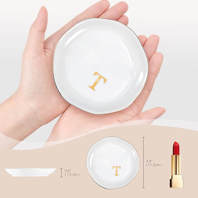 ProCase Ceramic Jewelry Tray, Initial Ring Dish Trinket Plate Engagement Gift, Small Personalized Monogram Ring Bowl for Wedding, White Decorative Jewelry Holder for Women Vanity -Letter T