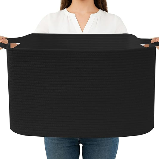 Magazine & Newspaper Baskets,65L Large Woven Rope Blanket Basket,21"x16"x12"Storage Bin with Handle,Toys Storage,Laundry Basket for Home Organization/Living Room/Nursery/Bedroom,Black